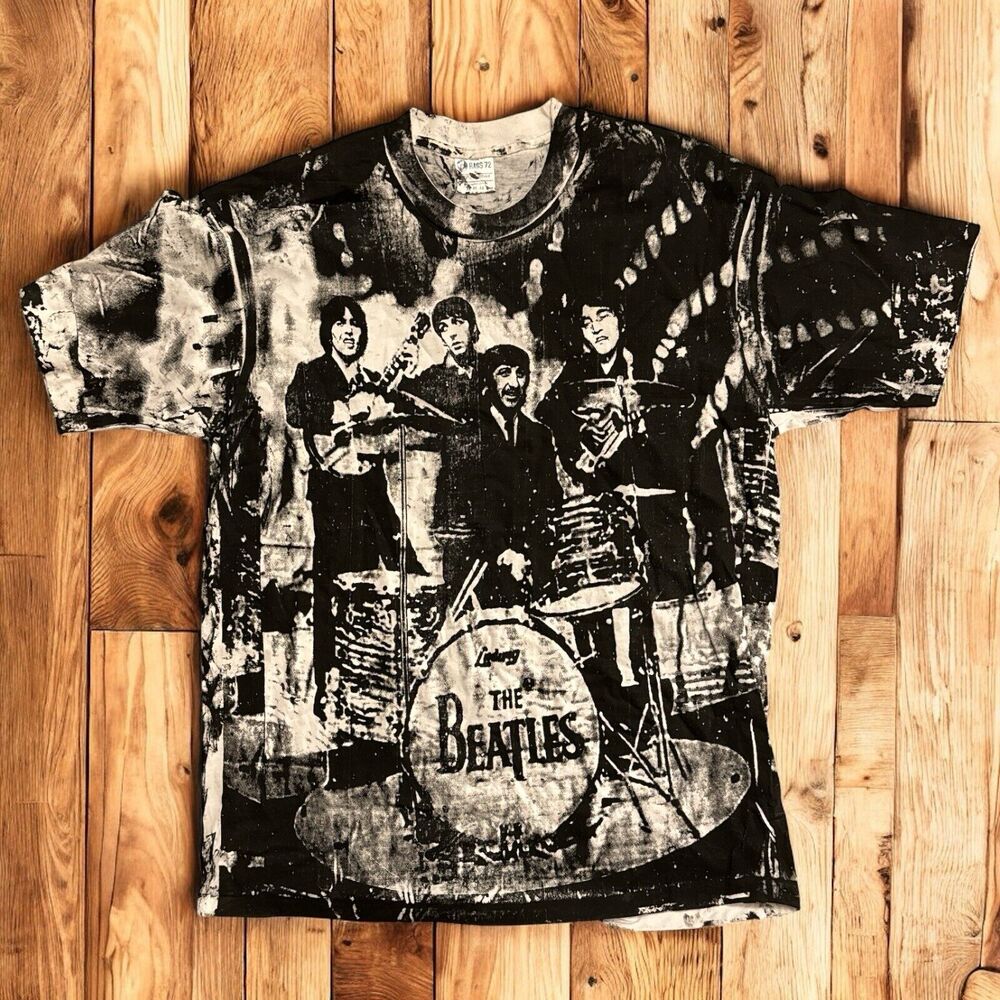 Vintage 1997 The Beatles All Over Print Tee Shirt Black White 90s Size XL